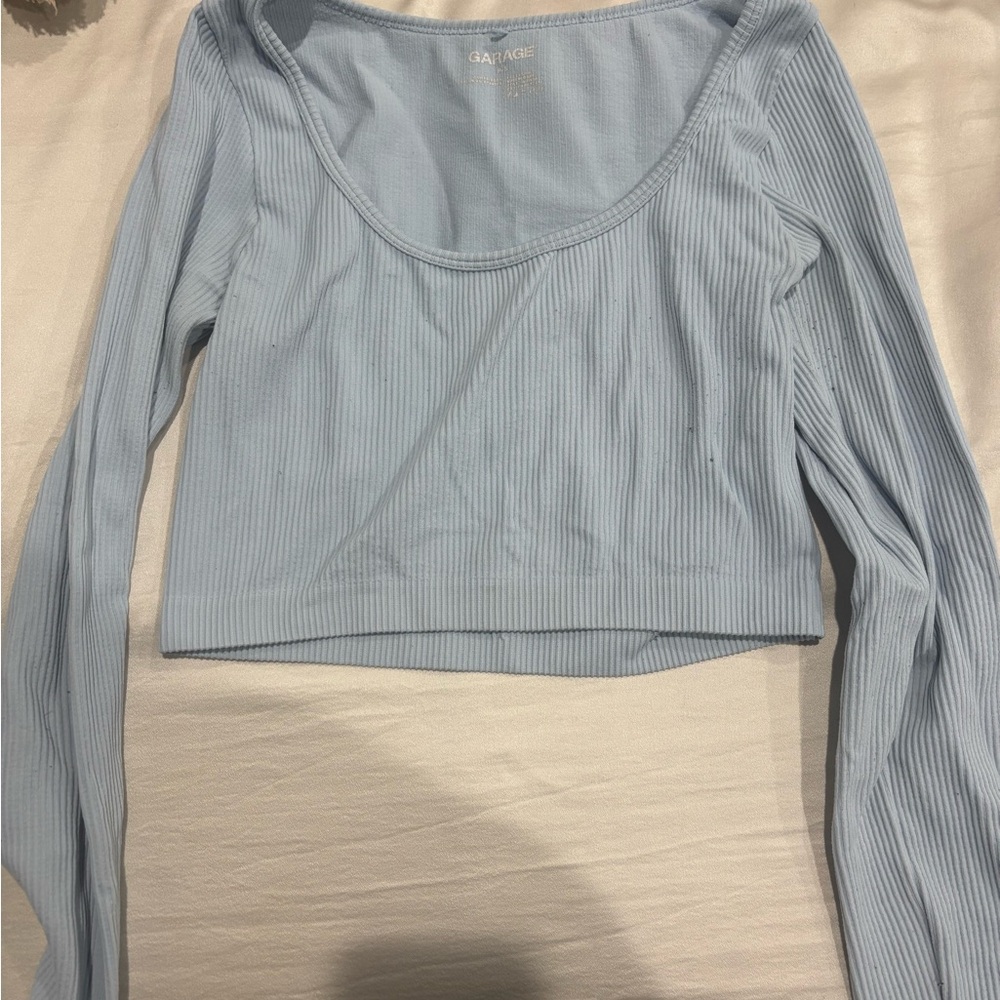 Gaze Blue Ribbed Crop Blouse